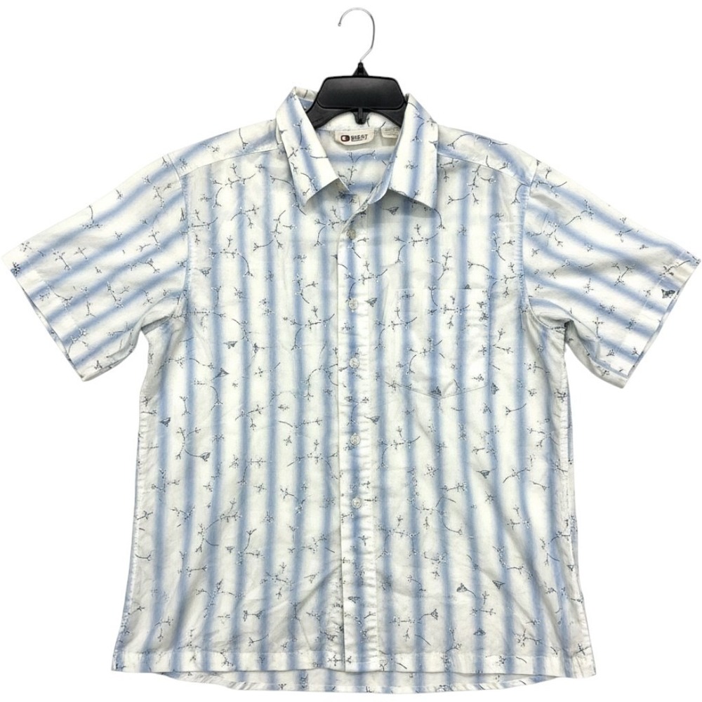 BKE 67 Mens Button Up Shirt L Blue White Stripe Floral Vintage Short Sleeve Y2K